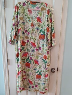 Gudrun Sjoden Cream Floral Linen Dress with Orange, Green & Purple